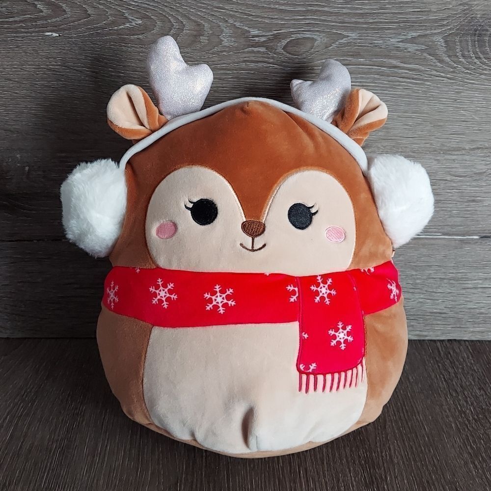 Squishmallows Christmas Darla Fawn Reindeer Deer Red Scarf Earmuffs 10”